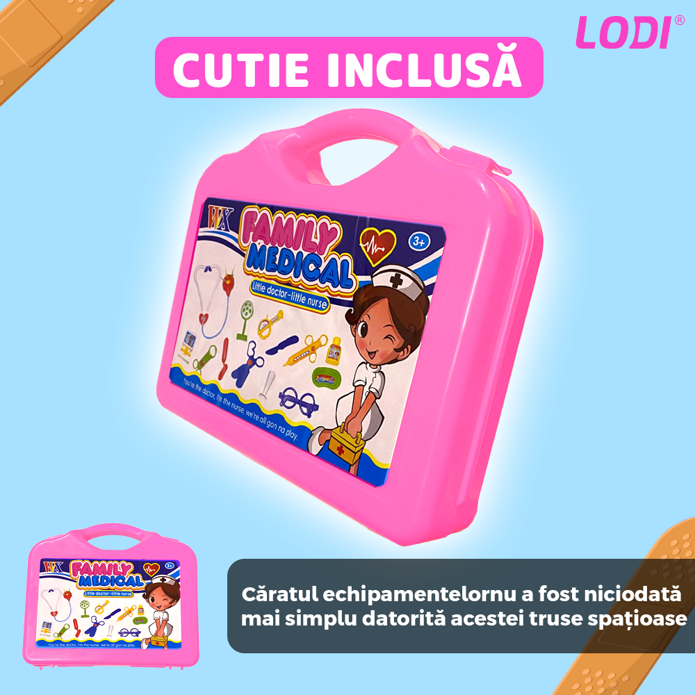 Set Trusa Medicala Asistenta Doctor Lodi478, joc de rol, 11 accesorii si cutie penntru depozitare, 37.5 x 21 cm, roz deschis