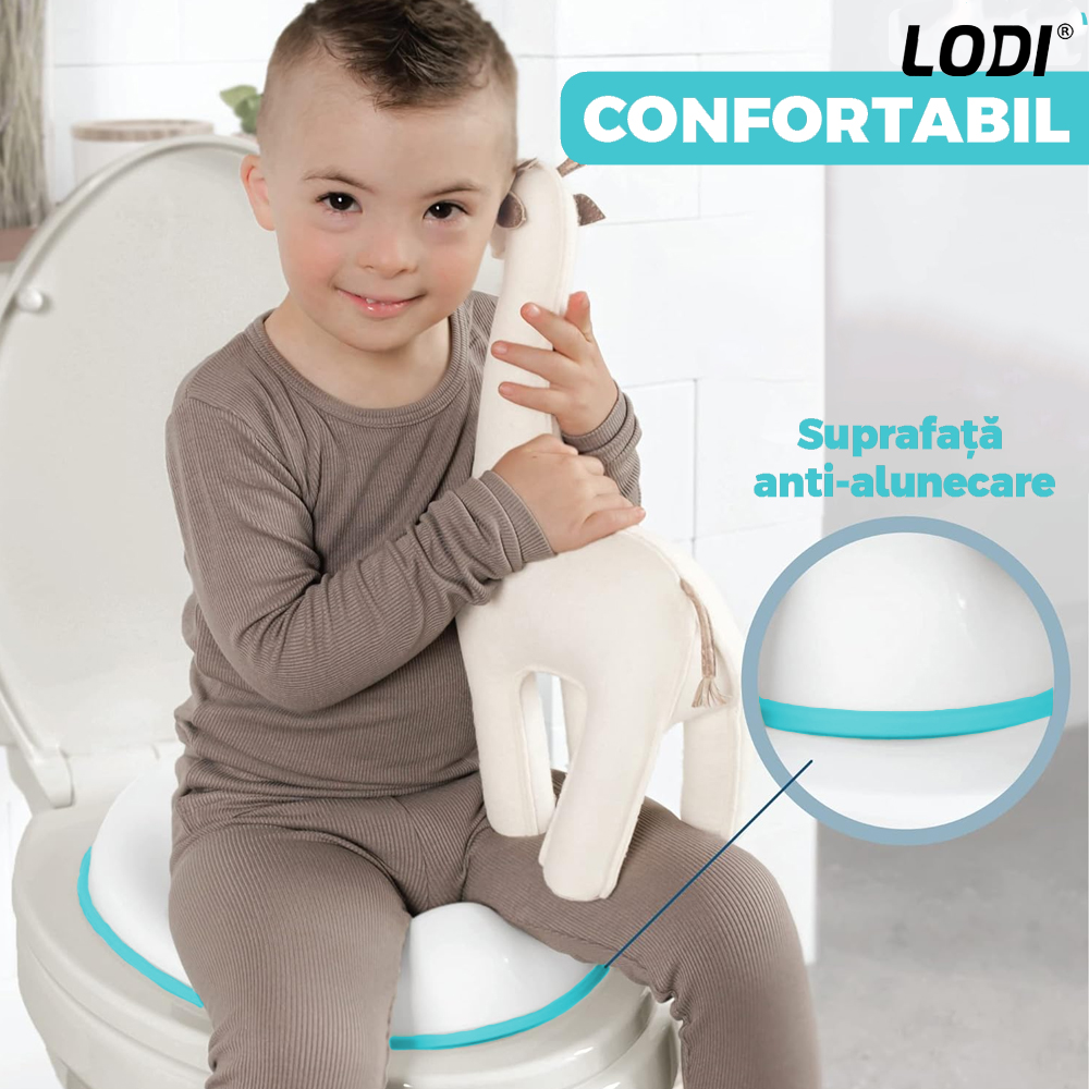 Reductor WC Copii Lodi650, suprafata antiderapanta, confortabil, protectie impotriva stropilor, compatibilitate universala, inel de prindere, portabil, alb/albastru