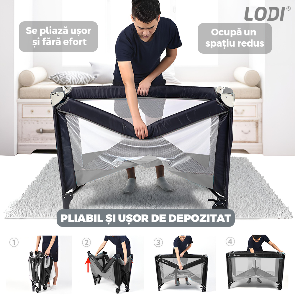 Patut Turistic Pliabil pentru Copii Lodi984, usa cu fermoar exterior, plasa de protectie tantari, materiale calitative, usor de montat, geanta de depozitare, dimensiuni 125x78x65, gri