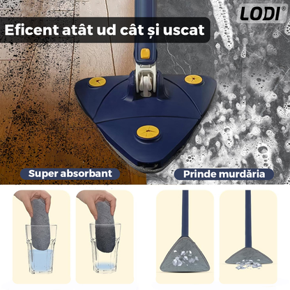 Mop cu Cap Triunghiular Lodi708, rotire 360 grade, telescopic, curatare usoara, 3 lavete incluse, 127 cm, albastru/galben