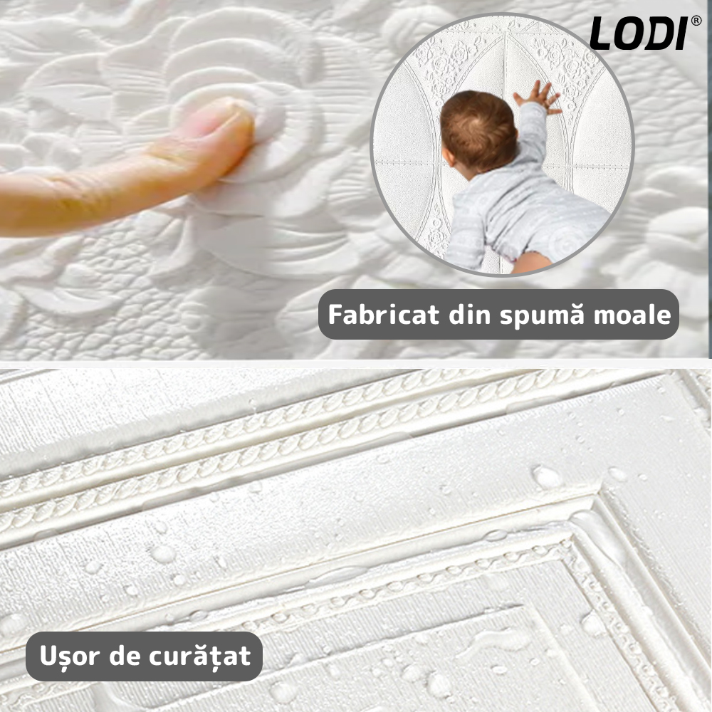 Set Tapet 3D Lodi128, suprafata acoperire 4.9 mp, autoadeziv, Model Floral, perete/tavan, waterproof, usor de montat, design modern, 70x70 cm, alb