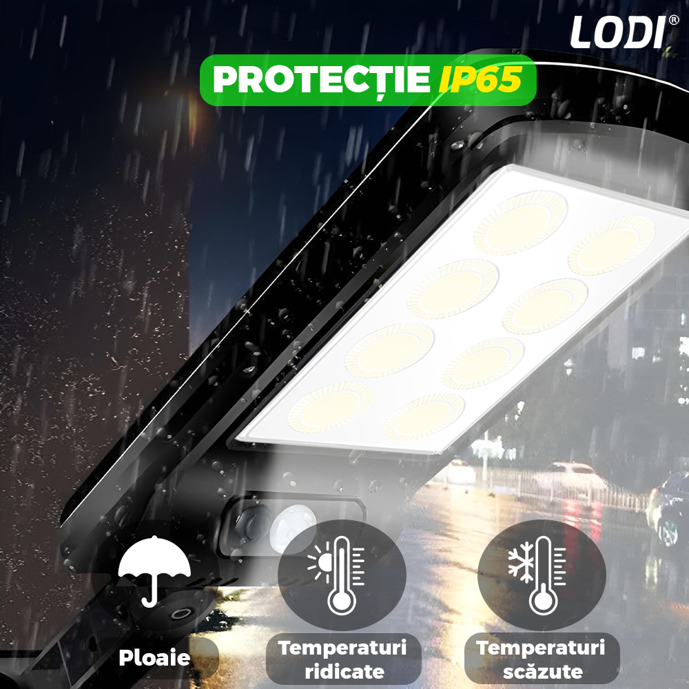 Lampa Solara Stradala 8 LED-uri Lodi880, control prin telecomanda, senzor de miscare, 3 moduri de iluminare, protectie IP65, Waterproof, exterior, negru