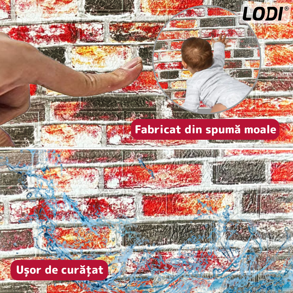 Set Tapet Caramida 3D Lodi235, Model Caramizi, suprafata acoperire 5.3 mp, autoadeziv, waterproof, usor de montat, design modern, 70x77 cm, negru/rosu