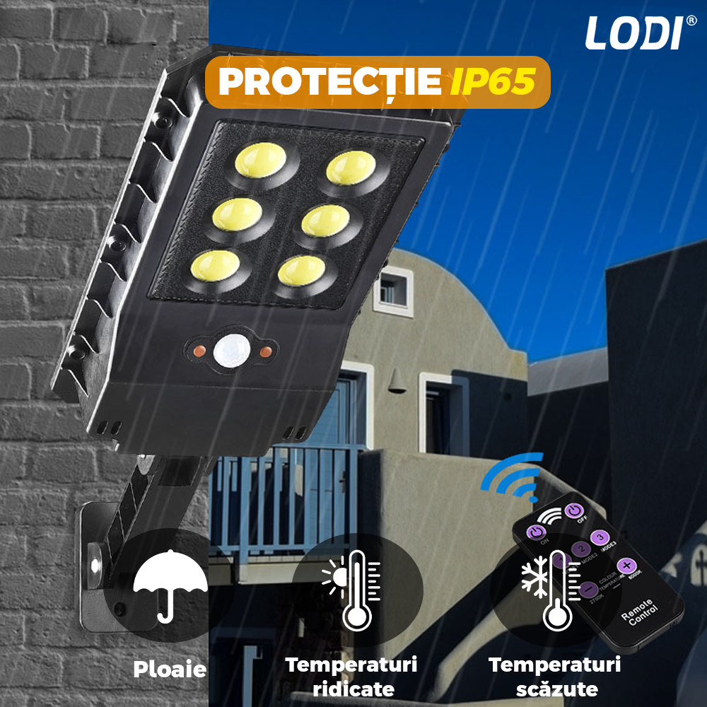 Lampa Solara Stradala 6 LED-uri Lodi864, tip bec, control prin telecomanda, senzor de miscare, 3 moduri de iluminare, protectie IP65, Waterproof, exterior, negru