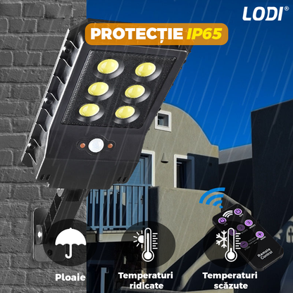 Lampa Solara Stradala 6 LED-uri Lodi864, tip bec, control prin telecomanda, senzor de miscare, 3 moduri de iluminare, protectie IP65, Waterproof, exterior, negru