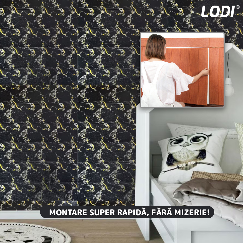 Set Tapet Panou 3D Lodi95, Model Marmura, suprafata acoperire 4.9 mp, autoadeziv, waterproof, usor de montat, design modern, 70x70 cm, negru