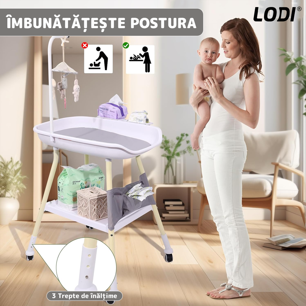 Masa de Infasat Bebe Lodi1125, pernuta moale, spatii de depozitare, roti cu frana, ajustabila pe 3 niveluri, structura stabila, alb/gri