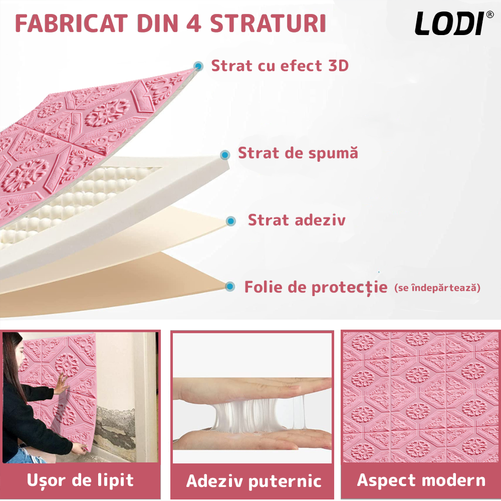 Set 10x Tapet 3D Lodi789, suprafata acoperire 4.9 mp, autoadeziv, Model Floral Carou, perete/tavan, waterproof, usor de montat, design modern, 70x70 cm, roz