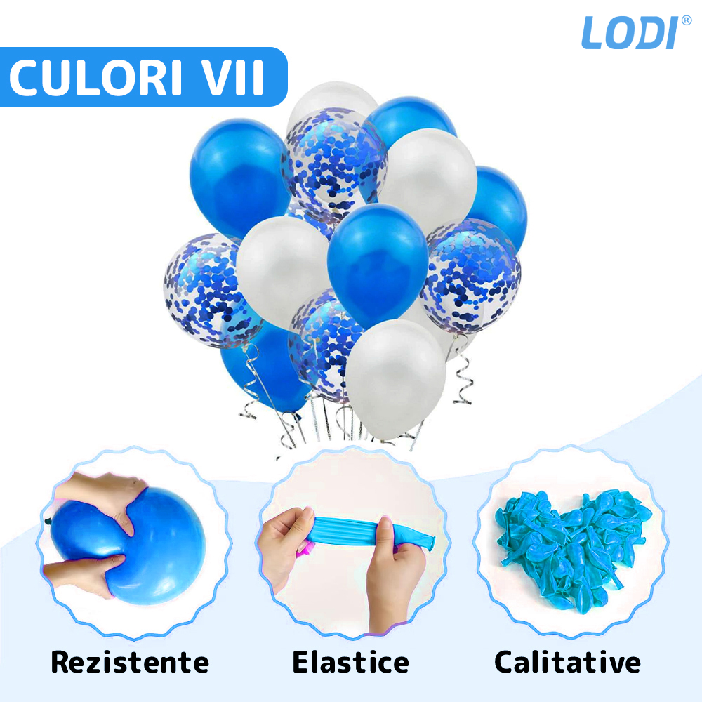Set 15 Baloane Lodi259, Confeti, pentru Petreceri/Aniversari/Evenimente, o singura dimensiune, 3 culori, latex, albastru/alb/transparent