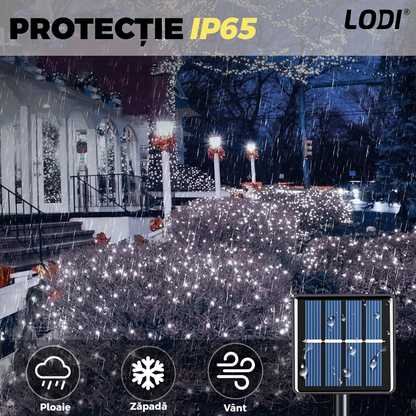 Instalatie de Craciun Liniara cu Panou Solar Lodi1459, 10 m, 8 jocuri de lumini, alimentare la priza, fir verde, interior/exterior, rezistenta la apa, 100 LED-uri, alb rece