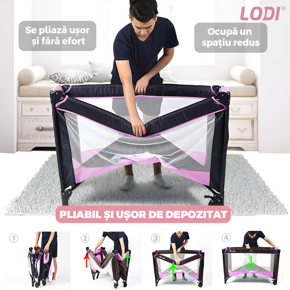 Patut Turistic Pliabil pentru Copii Lodi983, usa cu fermoar exterior, plasa de protectie tantari, materiale calitative, usor de montat, geanta de depozitare, dimensiuni 125x78x65, roz