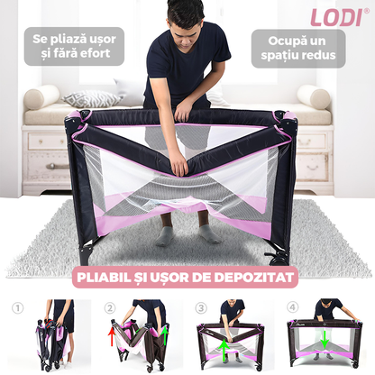 Patut Turistic Pliabil pentru Copii Lodi983, usa cu fermoar exterior, plasa de protectie tantari, materiale calitative, usor de montat, geanta de depozitare, dimensiuni 125x78x65, roz