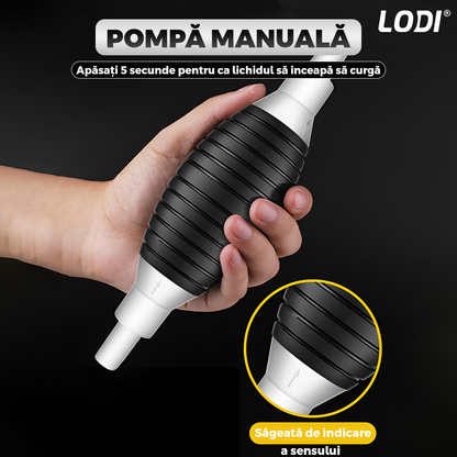 Pompa Manuala pentru Transfer Lichide Lodi995, cleme prindere, tip sifon, furtun 1, 5m lungime, anti-scurgere, materiale calitative, negru-alb