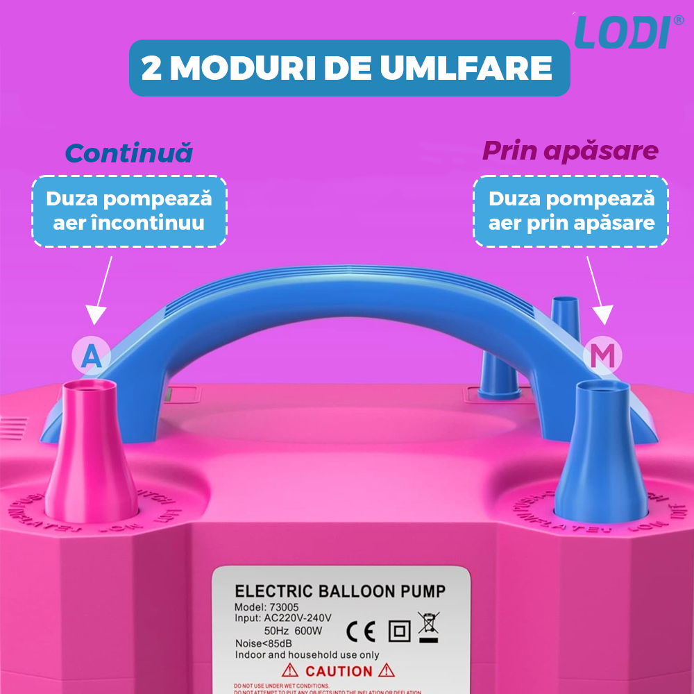 Compresor Profesional pentru Umflat Baloane Lodi1132, 2 functii de umflare, fante de ventilatie, spatiu de depozitare cablu, portabil, putere 600W, alimentare 220V, roz