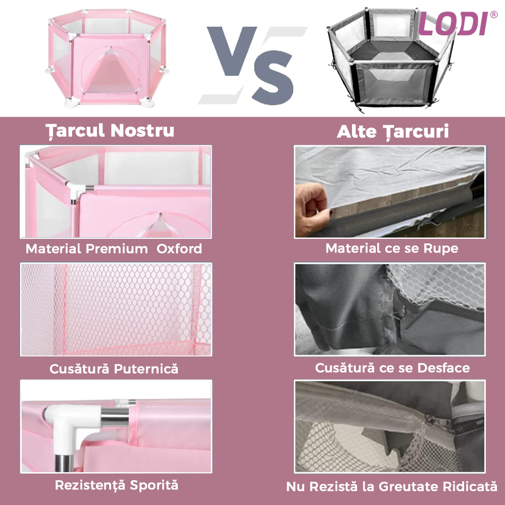 Tarc pentru Copii Lodi297, usa cu fermoar exterior, plasa, materiale calitative, usor de montat, dimensiuni 125x110x65, roz