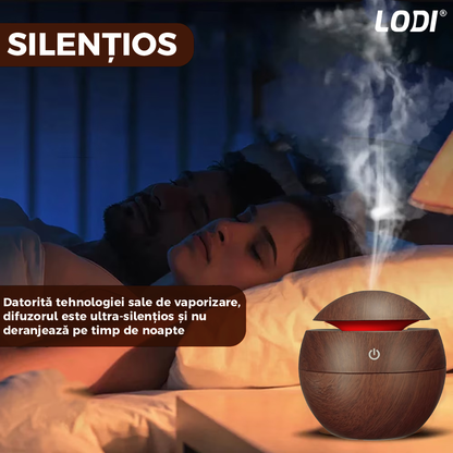 Difuzor Aromaterapie Lodi1465, forma de sfera, 7 culori LED, lumini dinamice, control tactil, capacitate 130ml, silentios, rezerva inclusa, umidifica aerul, stejar inchis