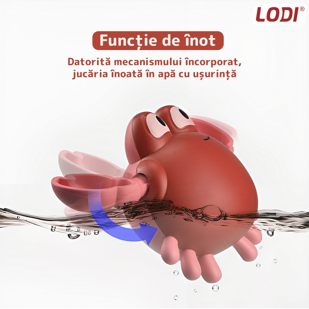 Jucarie de Baie pentru Copii Lodi857, Crab Inotator, interactiva, fara baterii, mecanism cu cheita, 9 x12 cm, bej/rosu