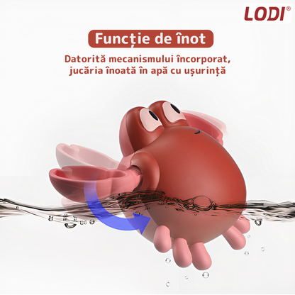 Jucarie de Baie pentru Copii Lodi857, Crab Inotator, interactiva, fara baterii, mecanism cu cheita, 9 x12 cm, bej/rosu