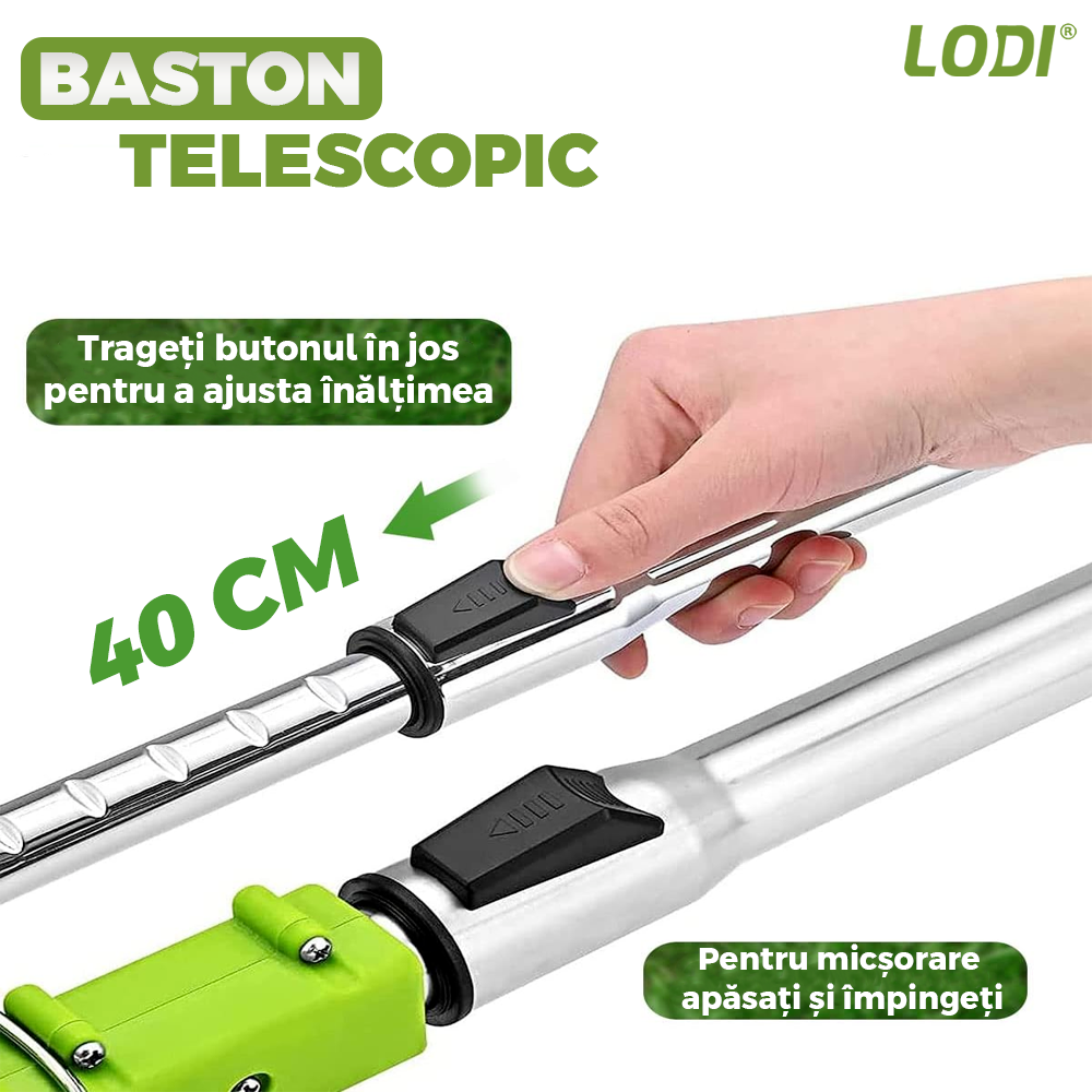 Motocoasa Electrica Lodi1175, acumulator 24V, baston telescopic, 3 tipuri de lame pentru taiere, 18000 RPM, autonomie de 2-3 ore, accesorii incluse, verde