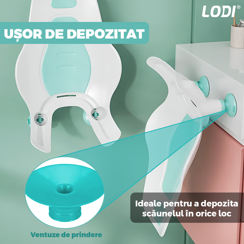Scaun Portabil de Baie Lodi980, nou-nascuti si bebelusi, cu suport montabil tip ventuza pe chiuveta, lavoar sau cada, antiderapant, colturi rotunjite, turcoaz