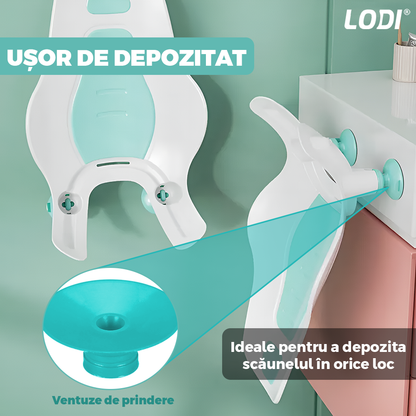 Scaun Portabil de Baie Lodi980, nou-nascuti si bebelusi, cu suport montabil tip ventuza pe chiuveta, lavoar sau cada, antiderapant, colturi rotunjite, turcoaz