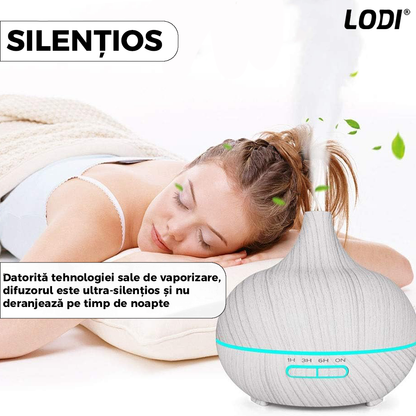 Difuzor Aromaterapie Lodi1450, 7 culori LED, 2 jocuri de lumini, capacitate 200ml, silentios, umidifica aerul, alb