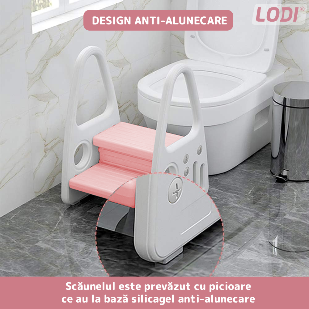 Scaunel Inaltator pentru Copii Lodi639, multifunctional,  tip scara, doua trepte, suprafata anti-alunecare, manere laterale, pentru bucatarie/baie, confortabil, sigur, roz