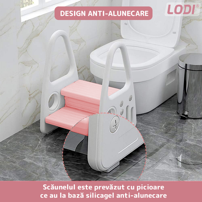 Scaunel Inaltator pentru Copii Lodi639, multifunctional,  tip scara, doua trepte, suprafata anti-alunecare, manere laterale, pentru bucatarie/baie, confortabil, sigur, roz