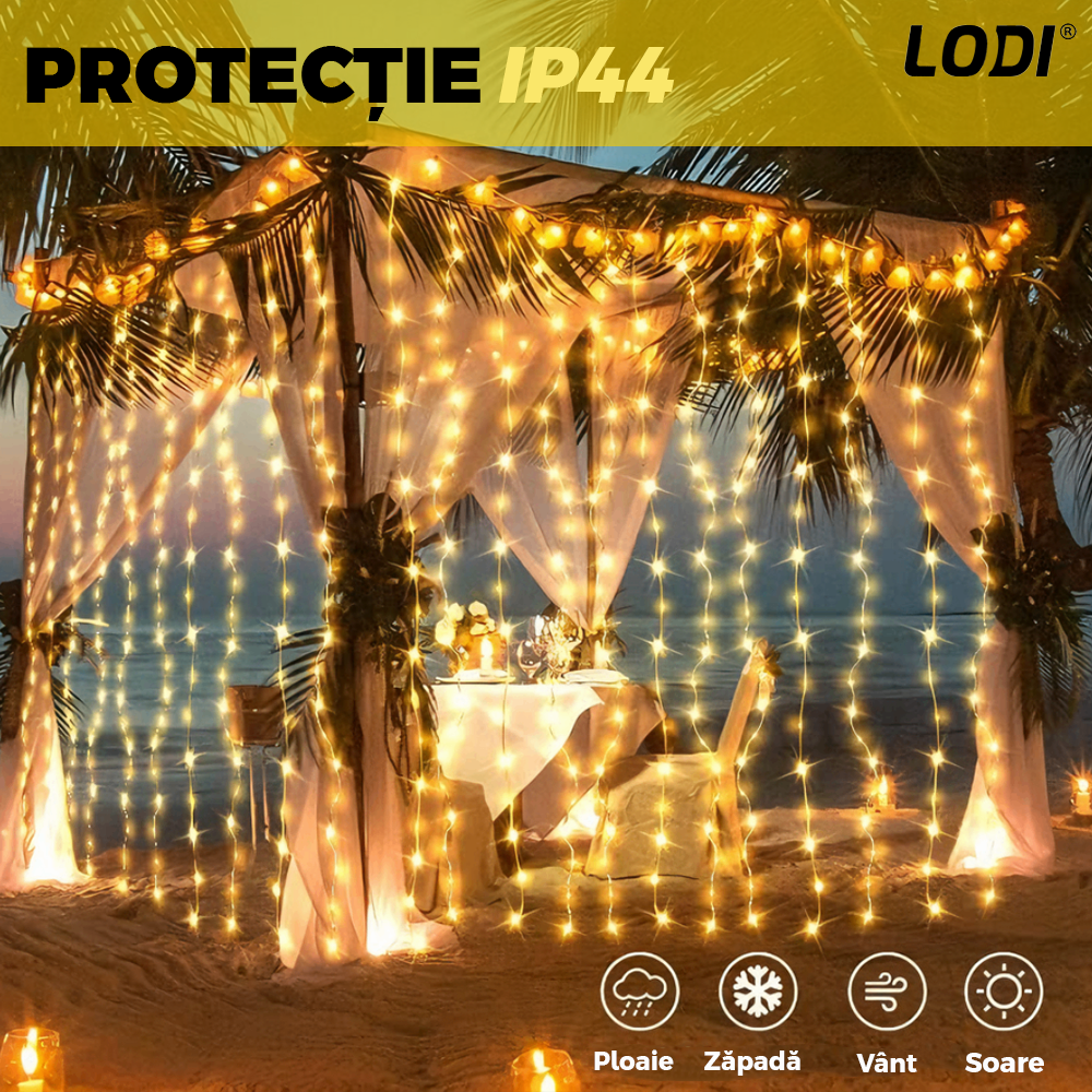 Instalatie de Craciun Perdea Lodi1441, fir cupru, 3x3 m, control prin telecomanda, 8 jocuri de lumini, alimentare USB, fir alb, interior/exterior, 300 LED-uri, alb cald