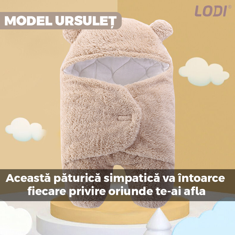 Paturica Pufoasa pentru Bebe Lodi497, calduroasa, in forma de ursulet pentru infasat bebelusi, prindere velcro, 0-6 luni, bej