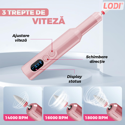 Pila Electrica Profesionala pentru Unghii Lodi1135, freză wireless, 18000 RPM, ecran LED, manichiura-pedichiura, 12 capete pentru pila, 36 benzi de slefurie, portabila, roz