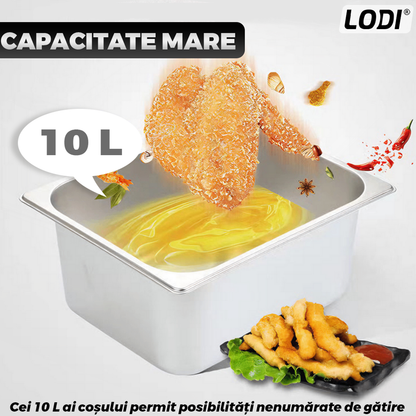 Friteuza Electrica Comerciala Lodi1110, un rezervor, usor de curatat, cos auto-strecurabil, blat din otel inoxidabil, capac pentru prevenirea stropirii, capacitate 10L, gri