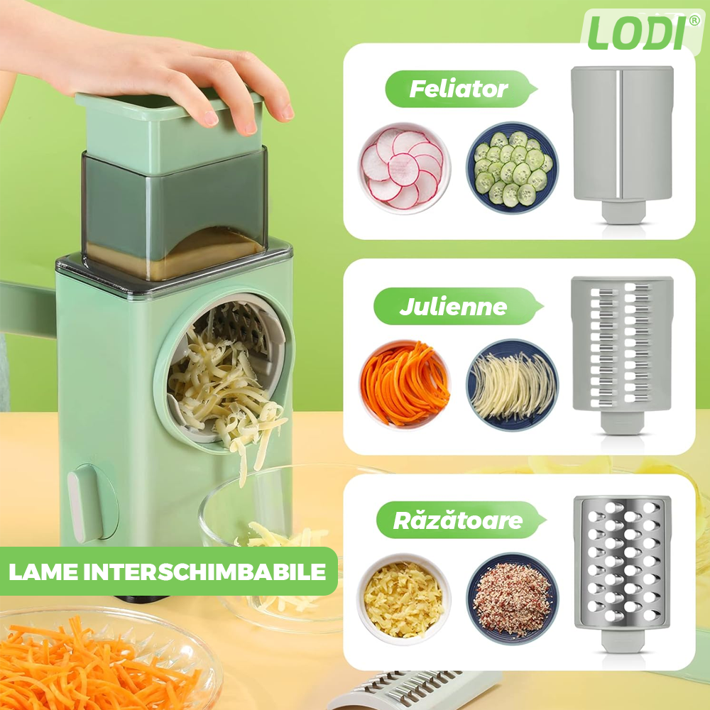 Feliator Manual Lodi1454, pentru fructe/legume/branzeturi moi, 6 lame interschimbabile, usor de utilizat, baza antialunecare cu buton de vacuum, piese detasabile, verde