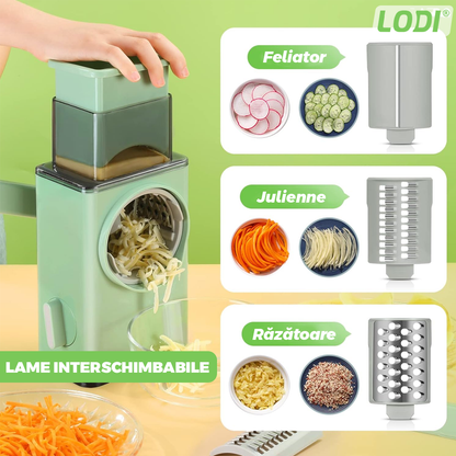 Feliator Manual Lodi1454, pentru fructe/legume/branzeturi moi, 6 lame interschimbabile, usor de utilizat, baza antialunecare cu buton de vacuum, piese detasabile, verde