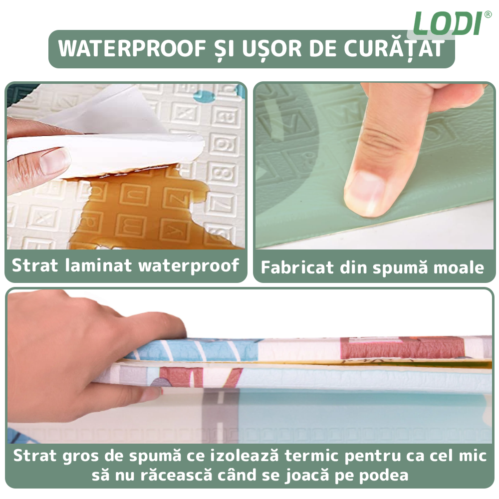 Covoras de Joaca pentru Copii Lodi490, 2 fete, termic, anti-derapant, pliabil, protectie impotriva loviturilor, iarna si orasel, 200x180cm, grosime 1 cm, multicolor