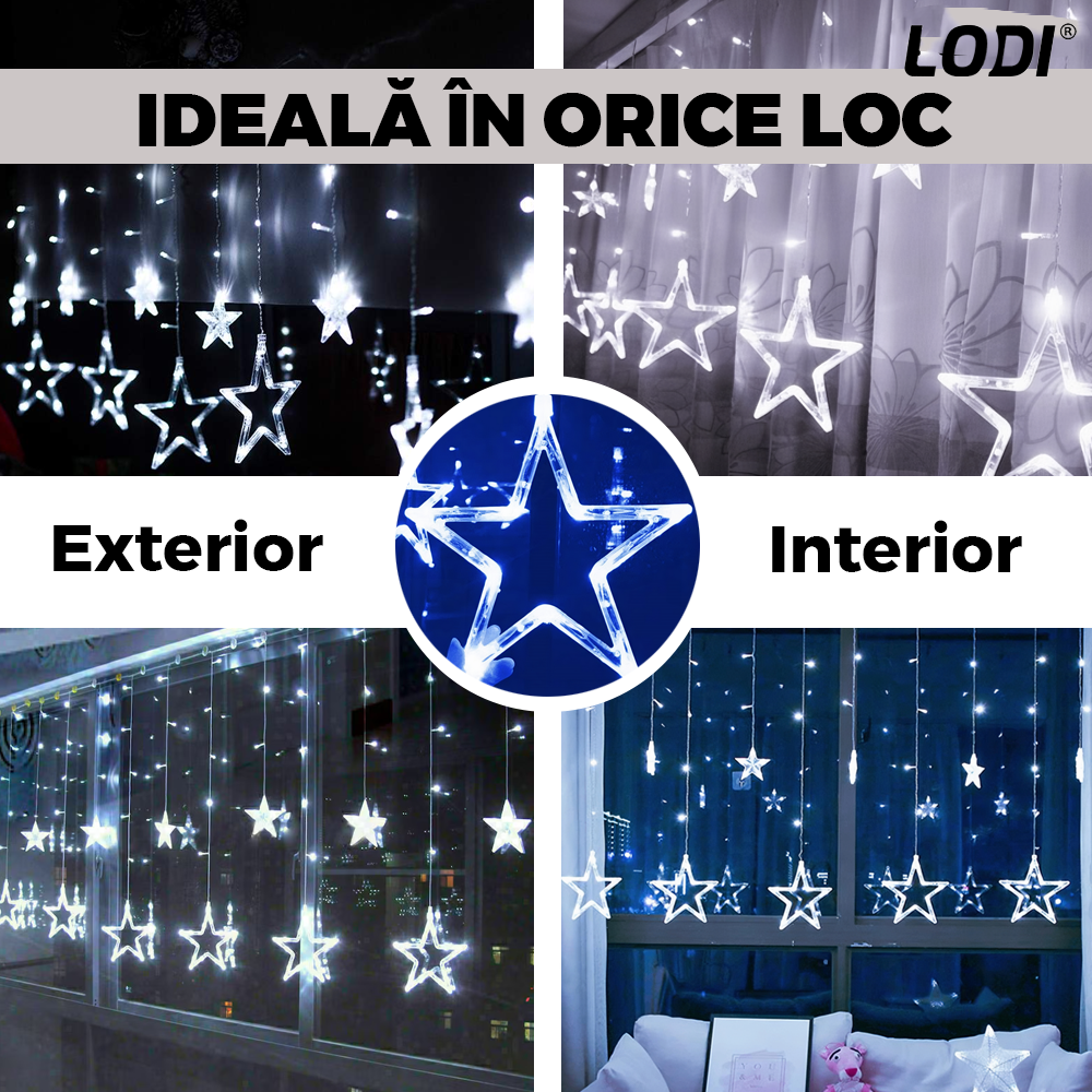 Instalatie de Craciun Tip Perdea Lodi1447, 3x3 m, model stelute, 8 jocuri de lumini, alimentare la priza, fir transparent, interior/exterior, rezistenta la apa, 12 figurine, alb rece