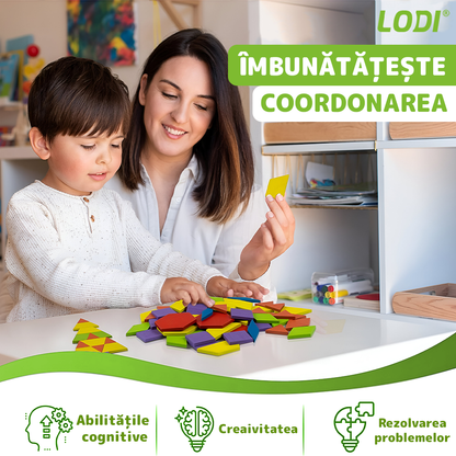 Joc Educativ din Lemn Lodi1172, Tangram cu 250 piese, 12 planse de puzzle, cifre și simboluri matematice, dezvolta inteligenta, culori non-toxice, multicolor