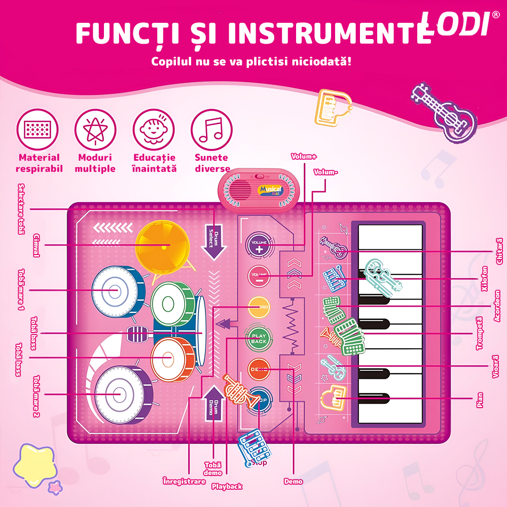 Covoras Muzical Interactiv pentru Copii Lodi1270, pian cu 8 clape, tobe, 5 instrumente muzicale incluse, acordeon, xilofon, chitara, vioara, trompeta, educational, usor de curatat, pliabil, roz