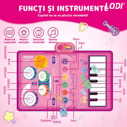Covoras Muzical Interactiv pentru Copii Lodi1270, pian cu 8 clape, tobe, 5 instrumente muzicale incluse, acordeon, xilofon, chitara, vioara, trompeta, educational, usor de curatat, pliabil, roz