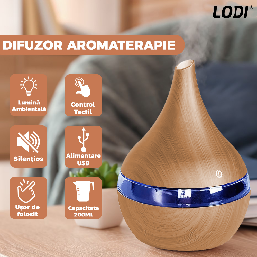 Difuzor Aromaterapie Lodi1462, forma conica, lumini ambientale, control tactil, capacitate 200ml, silentios, rezerva inclusa, alimentare USB, umidifica aerul, stejar deschis