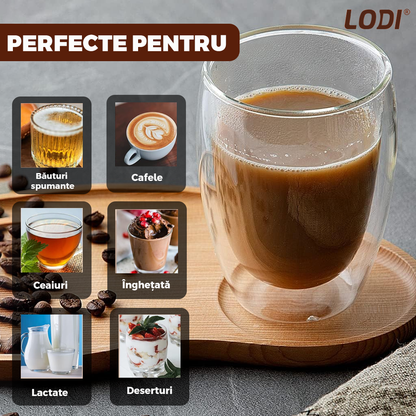 Set 6 Pahare din Sticla cu Perete Dublu Lodi1000, termorezistente, design modern, capacitate 250 ml, 9 x 8 cm