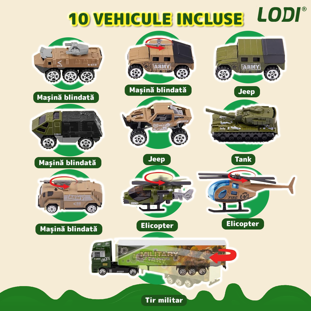 Set Camion Trailer de Jucarie pentru Transport Lodi1166, seria armata, 10 masinute incluse, jeep, tanc, tir, elicopter, accesorii mobile, lansator si rampa frontala, platforma tractare, verde