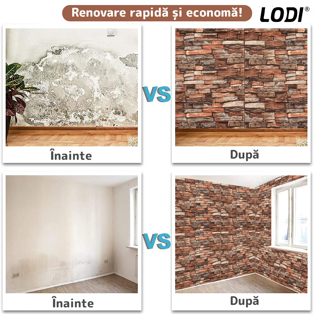 Set 10x Tapet Caramida 3D Lodi1089, Model Piatra Naturala, suprafata acoperire 5.3. mp, autoadeziv, waterproof, usor de montat, design modern, 70x77 cm, maro rosu
