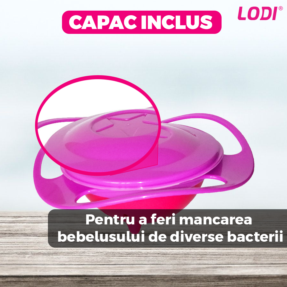 Castron Rotativ cu Protectie Anti-Varsare pentru Copii Lodi462, rotatie 360 grade, fara BPA, 18 cm, roz