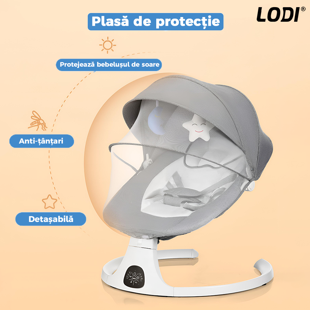 Leagan Electric Lodi986, conectivitate Bluetooth, control tactil, telecomanda, tava detasabila, acoperis rabatabil, plasa protectie tantari pentru bebelusi, jucarii, muzica, gri/alb