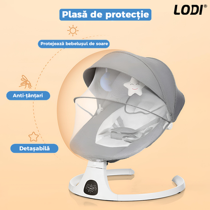 Leagan Electric Lodi986, conectivitate Bluetooth, control tactil, telecomanda, tava detasabila, acoperis rabatabil, plasa protectie tantari pentru bebelusi, jucarii, muzica, gri/alb