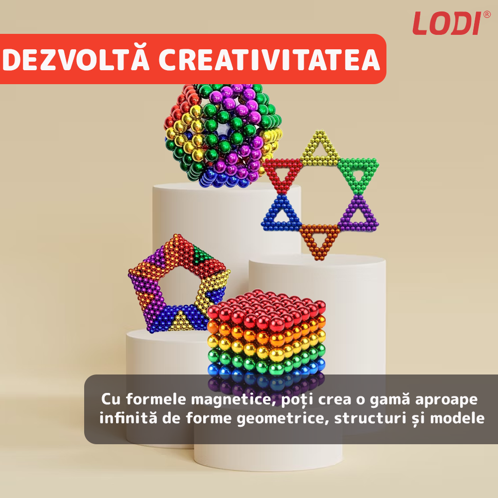 Set de Constructii Magnetic Lodi459, joc indemanare, antistres, cutie de depozitare argintie, modele 3D, multicolor