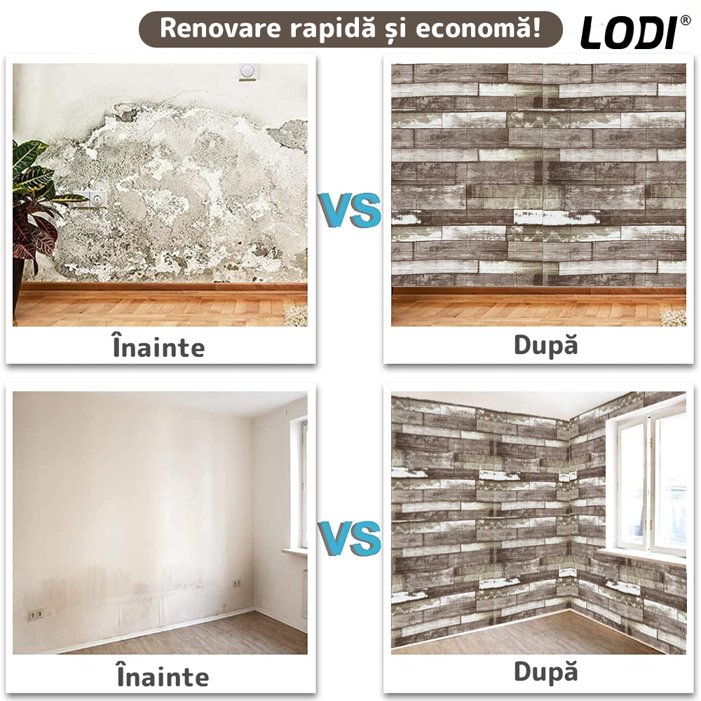 Set 10x Tapet Caramida 3D Lodi1087, Model Lemn, suprafata acoperire 5.3. mp, autoadeziv, waterproof, usor de montat, design modern, 70x77 cm, maro inchis