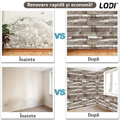 Set 10x Tapet Caramida 3D Lodi1087, Model Lemn, suprafata acoperire 5.3. mp, autoadeziv, waterproof, usor de montat, design modern, 70x77 cm, maro inchis