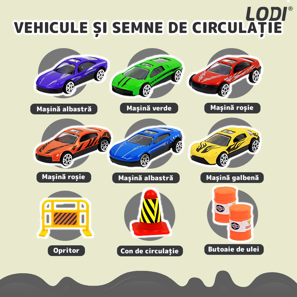 Set Camion Trailer de Jucarie pentru Transport Lodi1167, pentru masinute de curse, 9 masinute incluse, semne de circulatie, accesorii mobile, plastic si metal, scara 1:22, negru